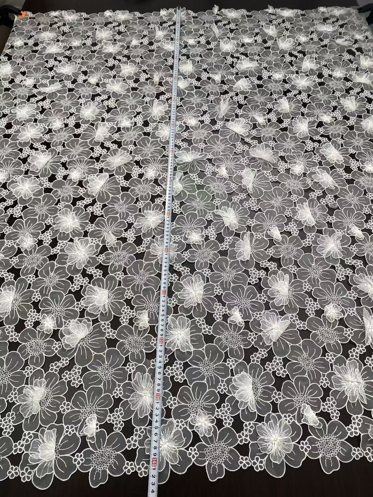 Off White Guipure Lace Fabric 3D Flower Embroidery Organza Trimmings Materials DIY Costume Bridal Wedding Evening Dress Craft