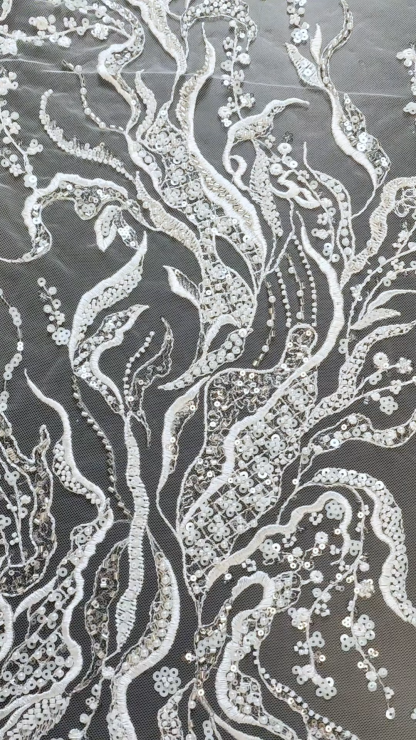 Luxury Embroidered Floral Tulle Fabric Stunning Flower Petals Fabric With Crystal Pearls Sparkling Sequins Wedding Dress Bridal Gown