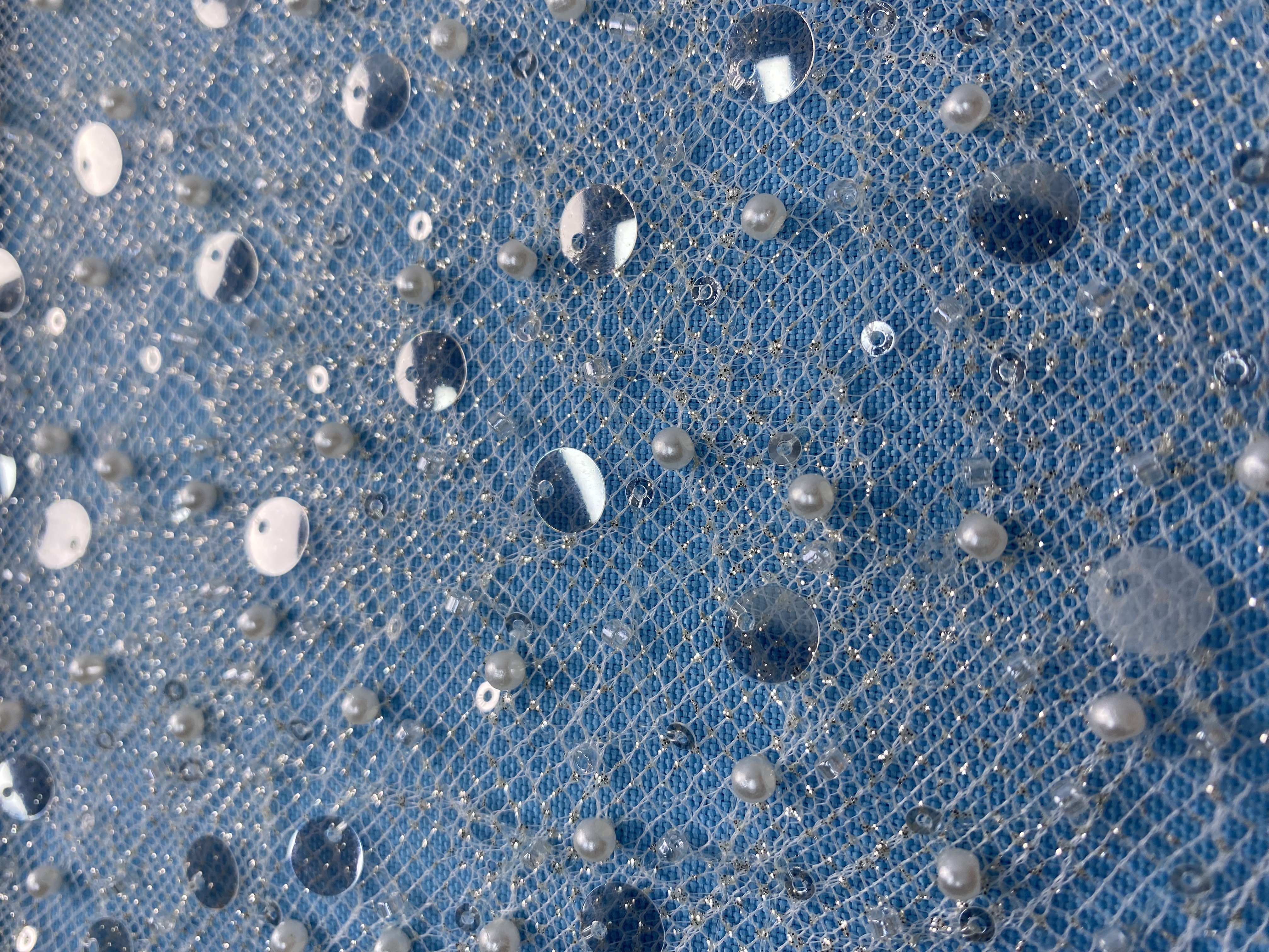 Ivory Fabric Embellished with Sparkling Sequins & Pearls! Perfect for Wedding Dresses/Evening Wear. High-Quality Material—Shop This Exquisite Decorative Fabric Now!