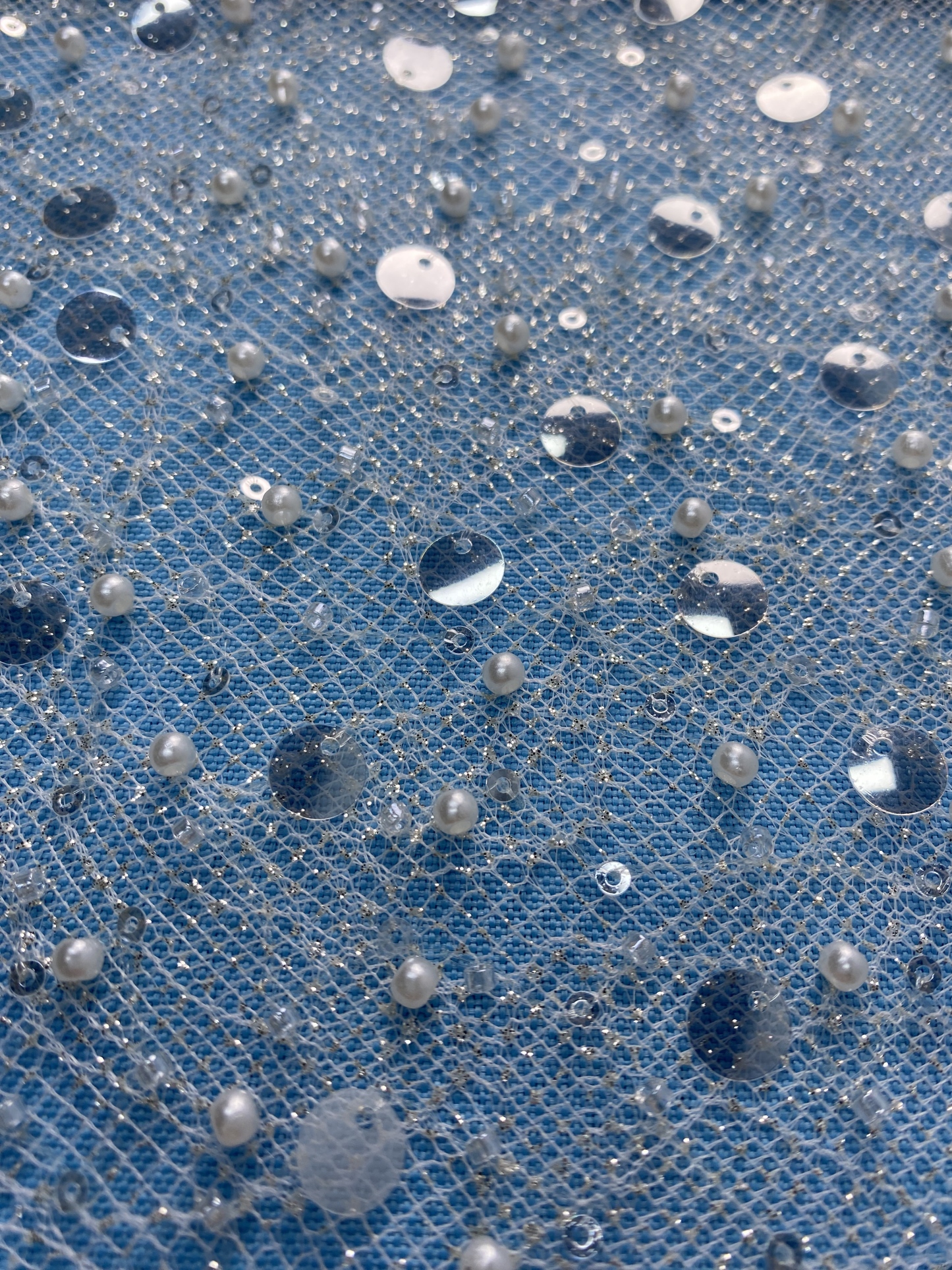 Ivory Fabric Embellished with Sparkling Sequins & Pearls! Perfect for Wedding Dresses/Evening Wear. High-Quality Material—Shop This Exquisite Decorative Fabric Now!