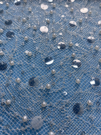 Ivory Fabric Embellished with Sparkling Sequins & Pearls! Perfect for Wedding Dresses/Evening Wear. High-Quality Material—Shop This Exquisite Decorative Fabric Now!