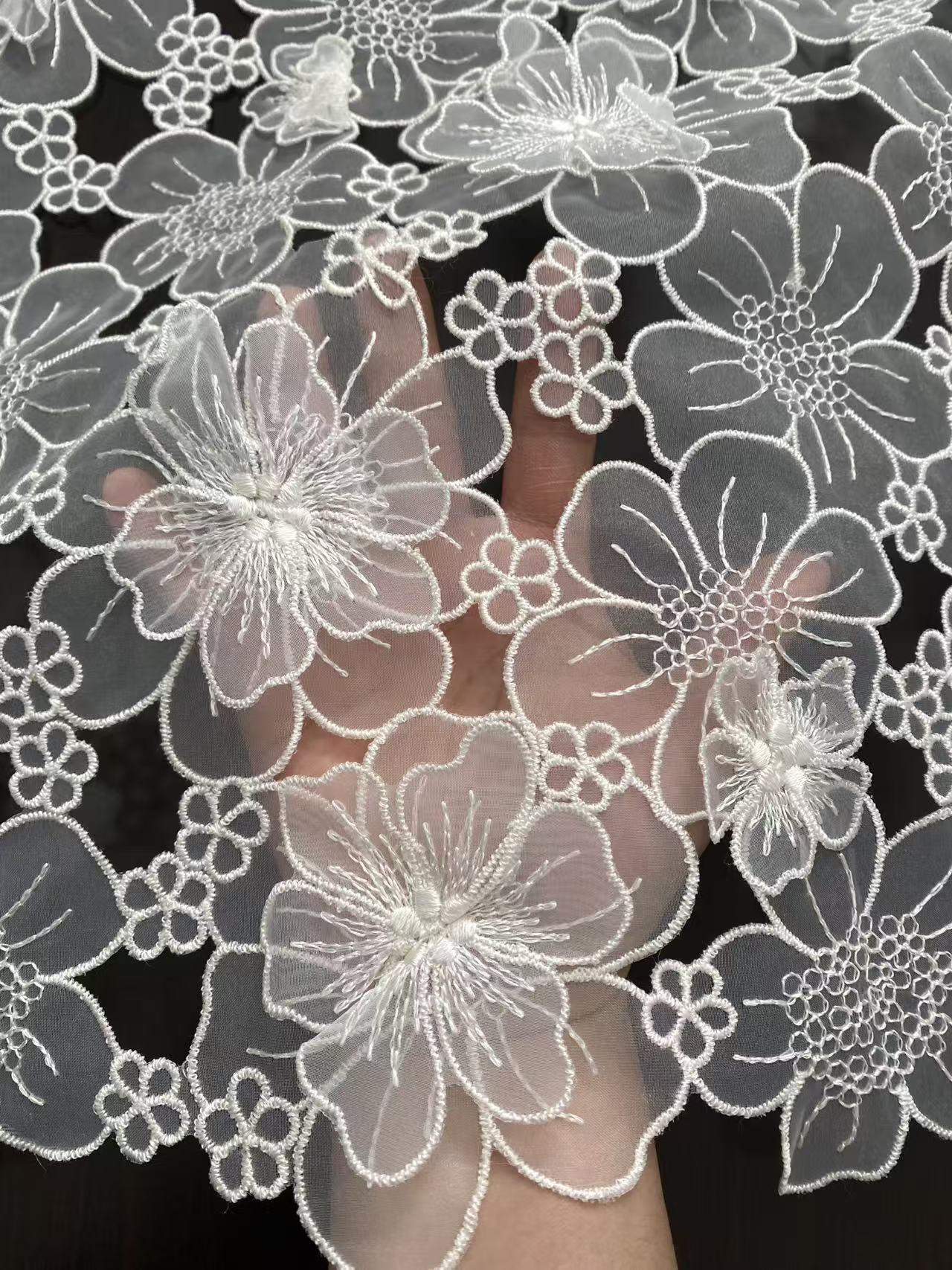 Off White Guipure Lace Fabric 3D Flower Embroidery Organza Trimmings Materials DIY Costume Bridal Wedding Evening Dress Craft