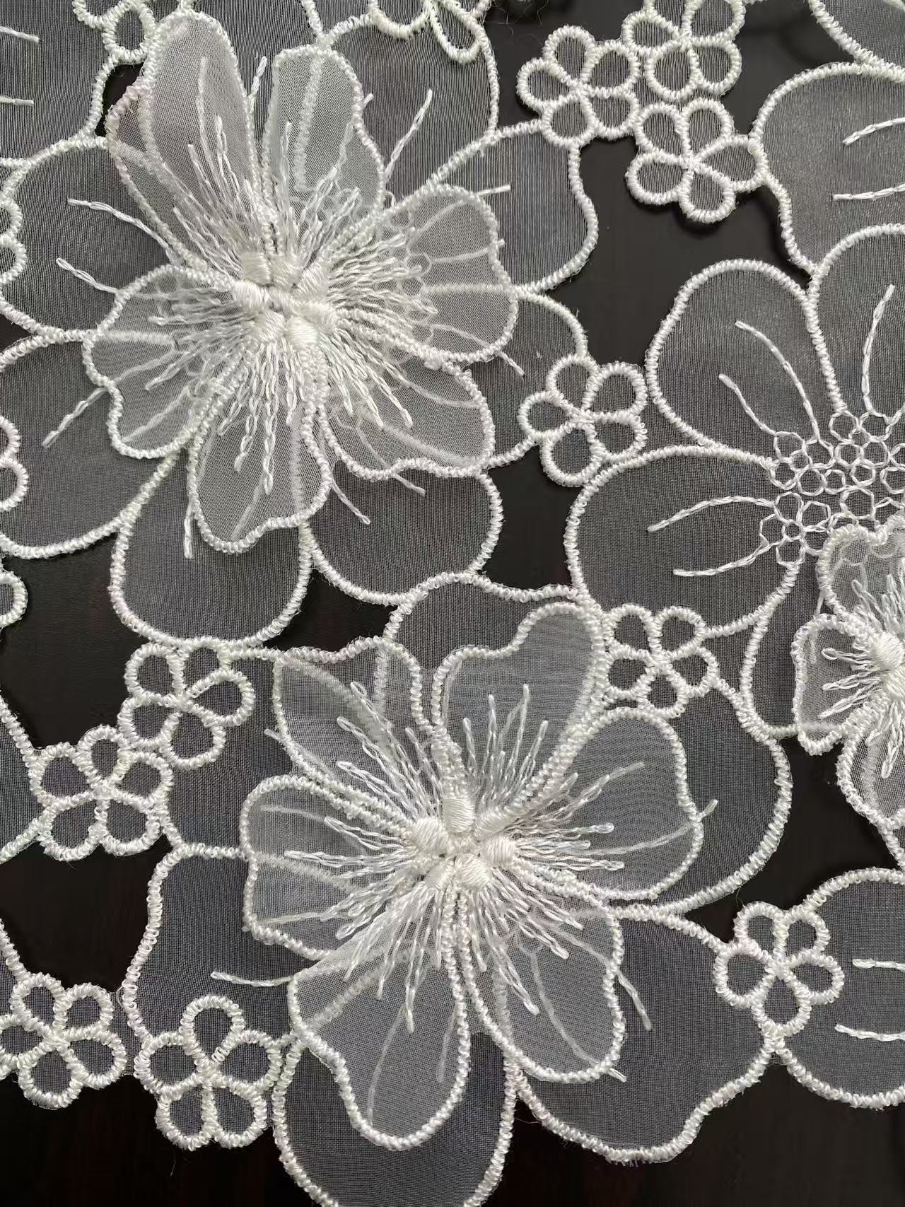 Off White Guipure Lace Fabric 3D Flower Embroidery Organza Trimmings Materials DIY Costume Bridal Wedding Evening Dress Craft