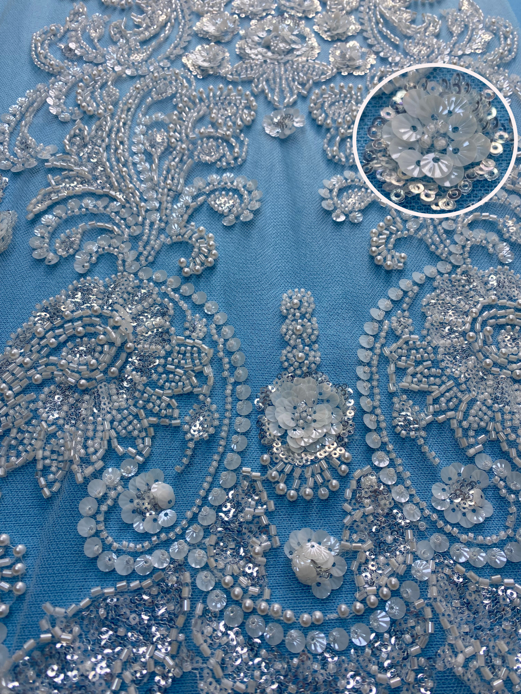 Gorgeous Ivory Fabric! Delicately Embellished with Sparkling Sequins & Pearls. Ideal for Wedding Dresses/Evening Wear. Exquisite Handiwork—Grab This Stunning Material Now!
