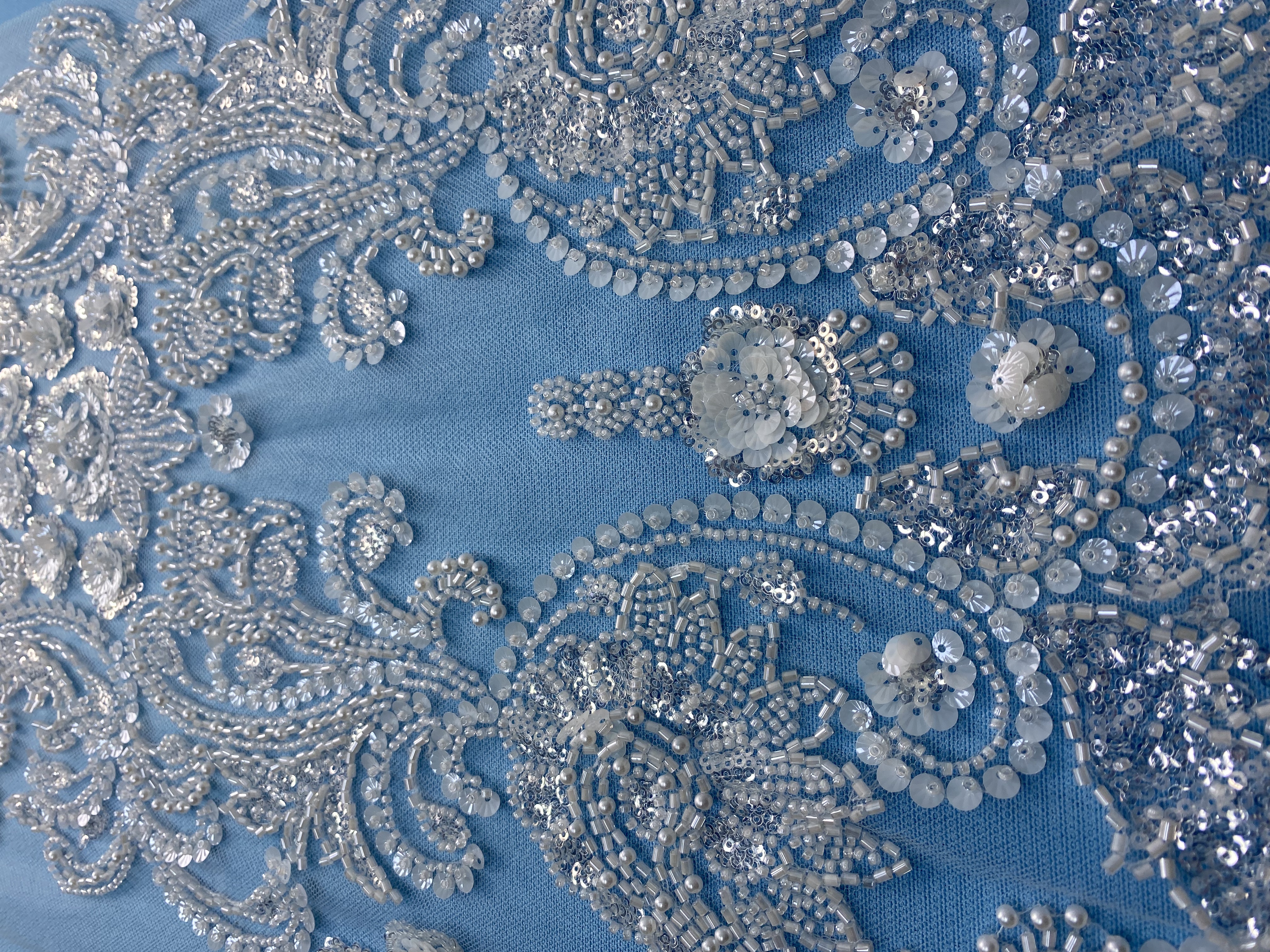 Gorgeous Ivory Fabric! Delicately Embellished with Sparkling Sequins & Pearls. Ideal for Wedding Dresses/Evening Wear. Exquisite Handiwork—Grab This Stunning Material Now!