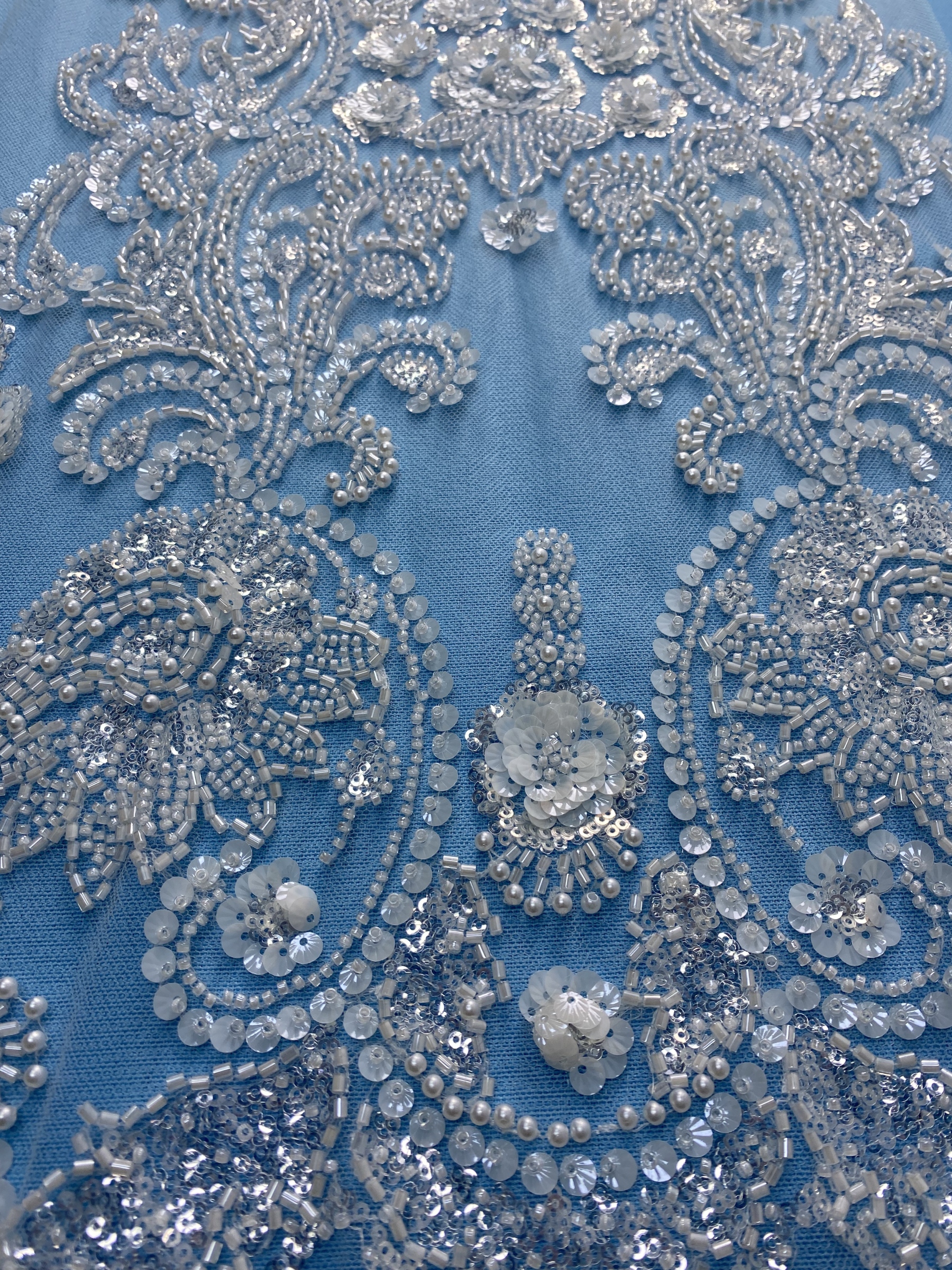 Gorgeous Ivory Fabric! Delicately Embellished with Sparkling Sequins & Pearls. Ideal for Wedding Dresses/Evening Wear. Exquisite Handiwork—Grab This Stunning Material Now!