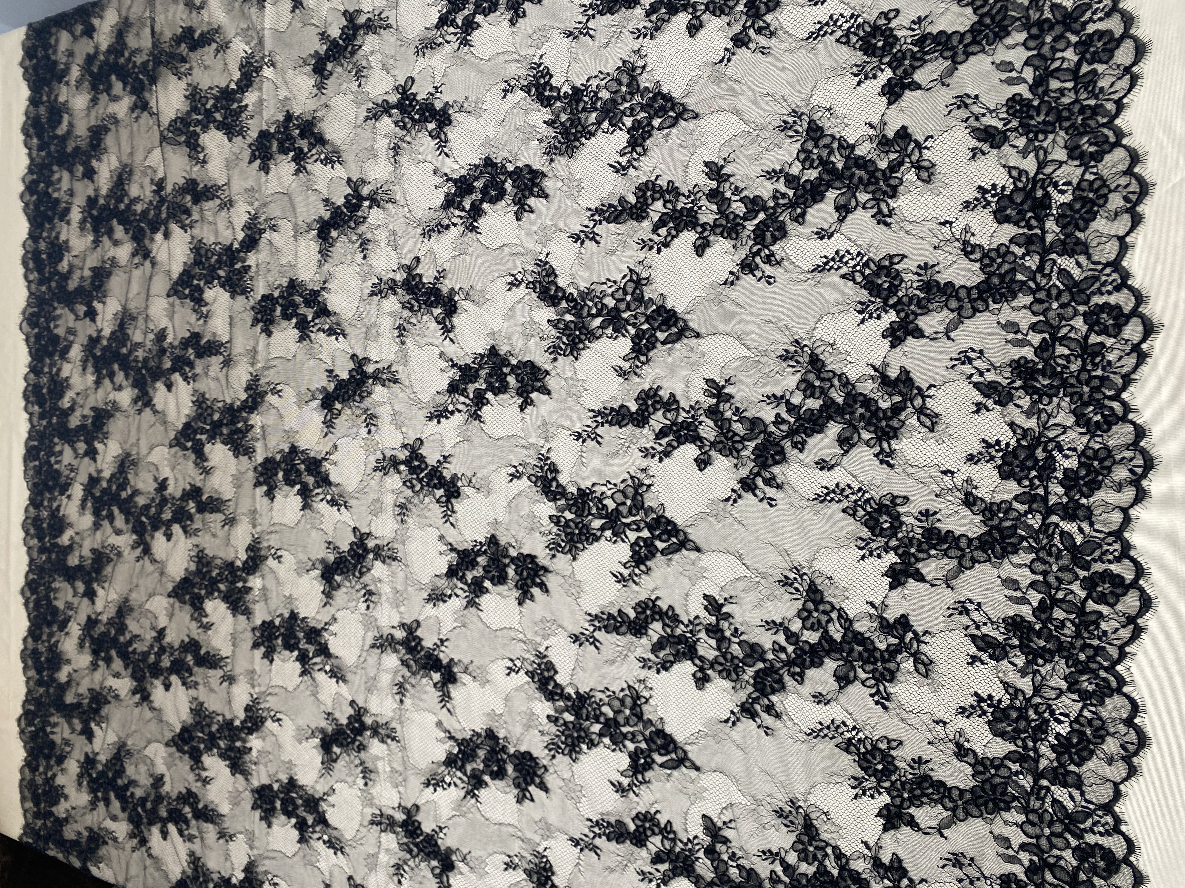 Black Chantilly lace fabric with cord, French bridal wedding lace, eyelash veil lace, scalloped floral lace, sold by 3 maters