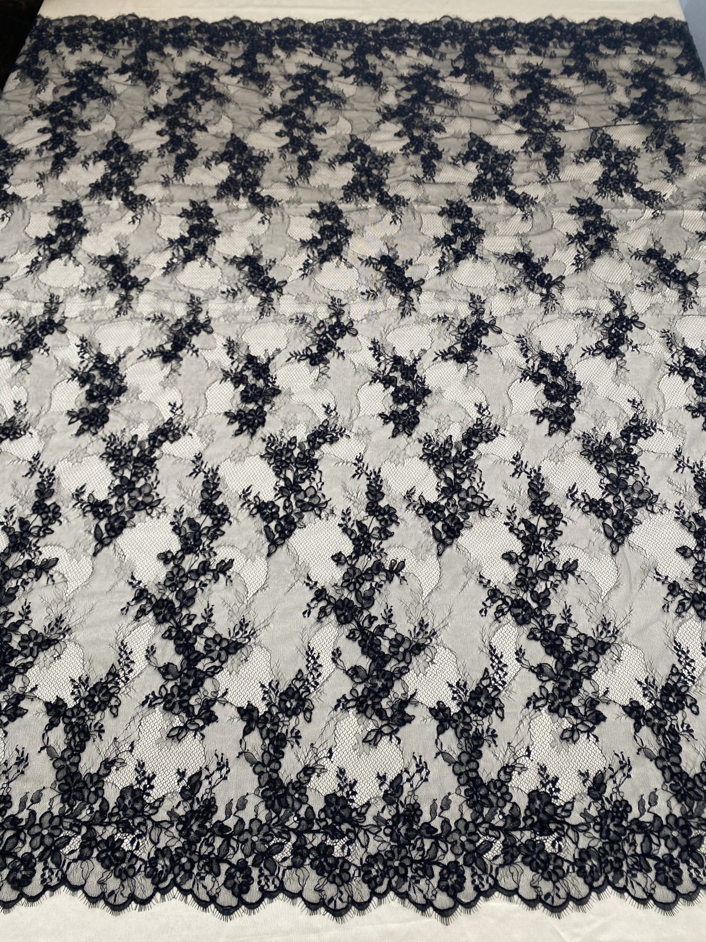 Black Chantilly lace fabric with cord, French bridal wedding lace, eyelash veil lace, scalloped floral lace, sold by 3 maters