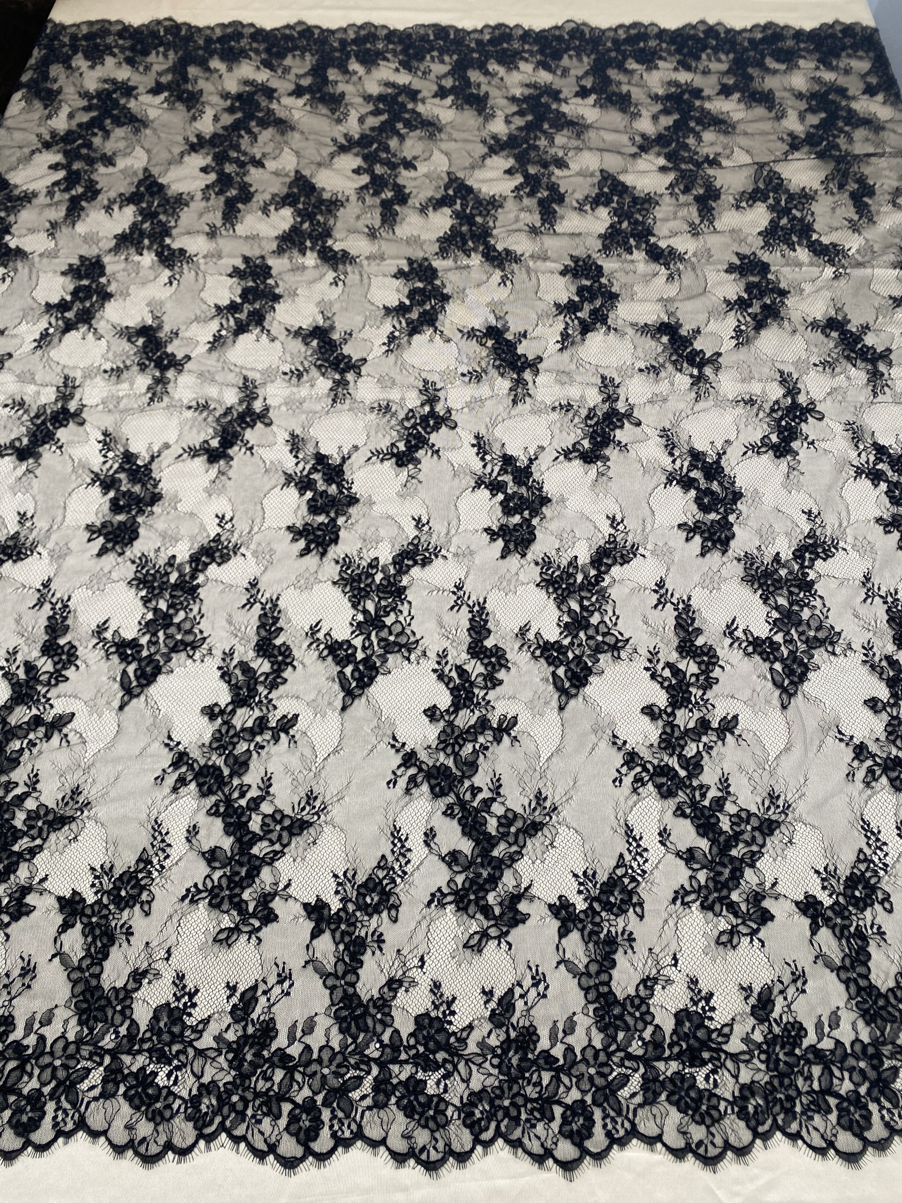 Black Chantilly lace fabric with cord, French bridal wedding lace, eyelash veil lace, scalloped floral lace, sold by 3 maters