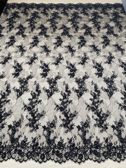 Black Chantilly lace fabric with cord, French bridal wedding lace, eyelash veil lace, scalloped floral lace, sold by 3 maters