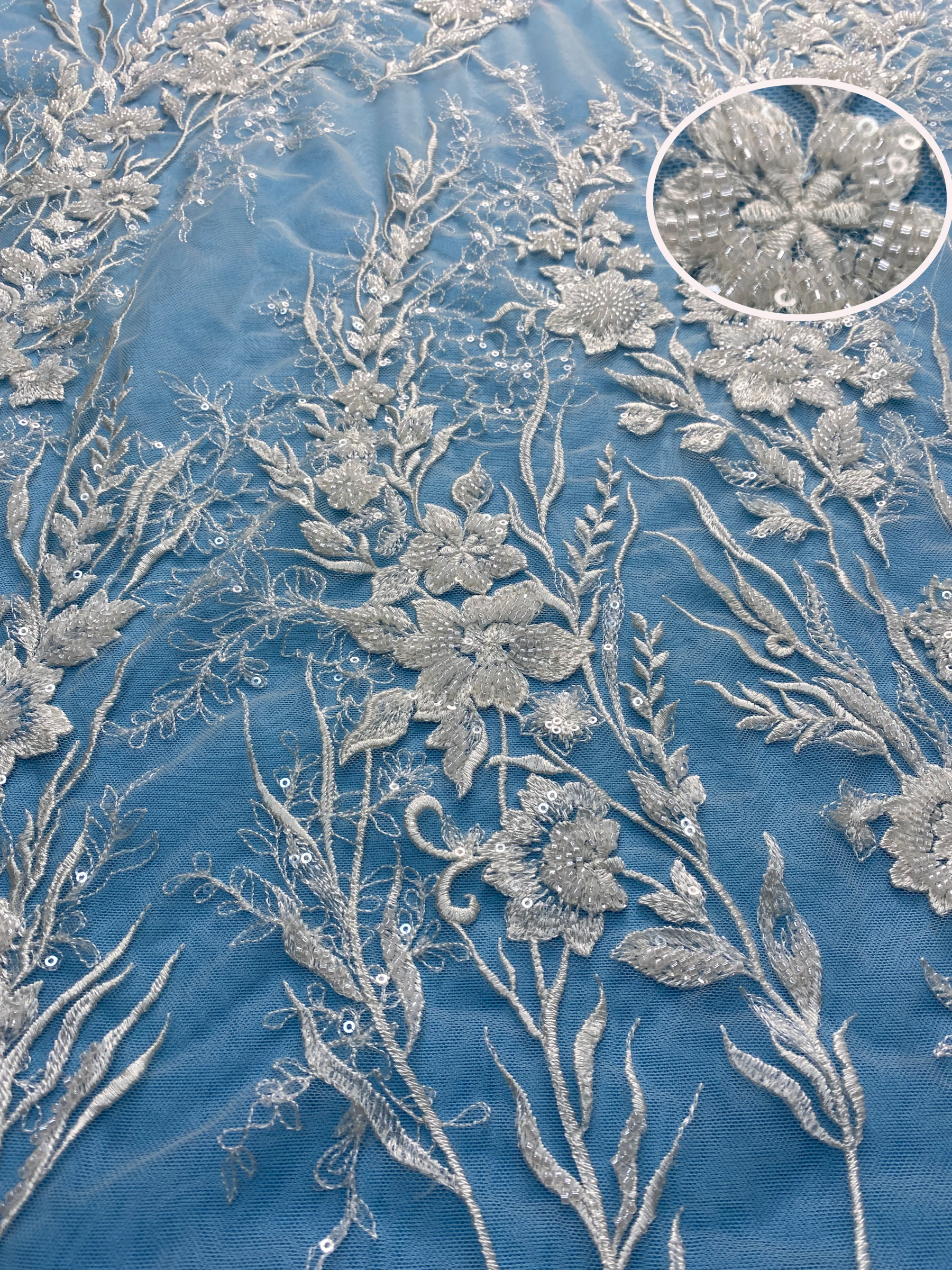 Gorgeous Ivory Tulle Fabric! Adorned with Exquisite Embroidery & Shiny Sequins, Perfect for Wedding Dresses/Evening Wear. Premium Quality, Shop Now!