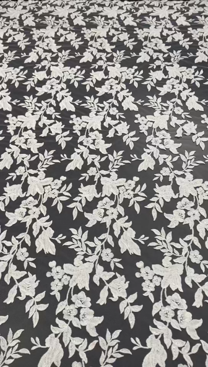 Ivory Bridal Embroidery Floral Lace Fabric, Delicate Floral Applique lace, Formal Dress Prom lace, Wedding Gown lace, rehearsal, by 1 yard