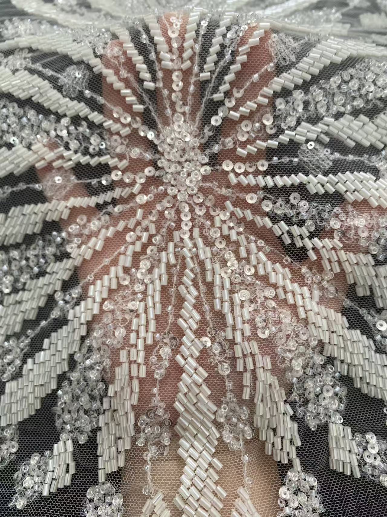 Off-White Heavy Bead Pearls Lace Fabric, Embroidered Tulle Bridal Dress Material, Party Dress Tulle, Luxury Couture Lace Fabric