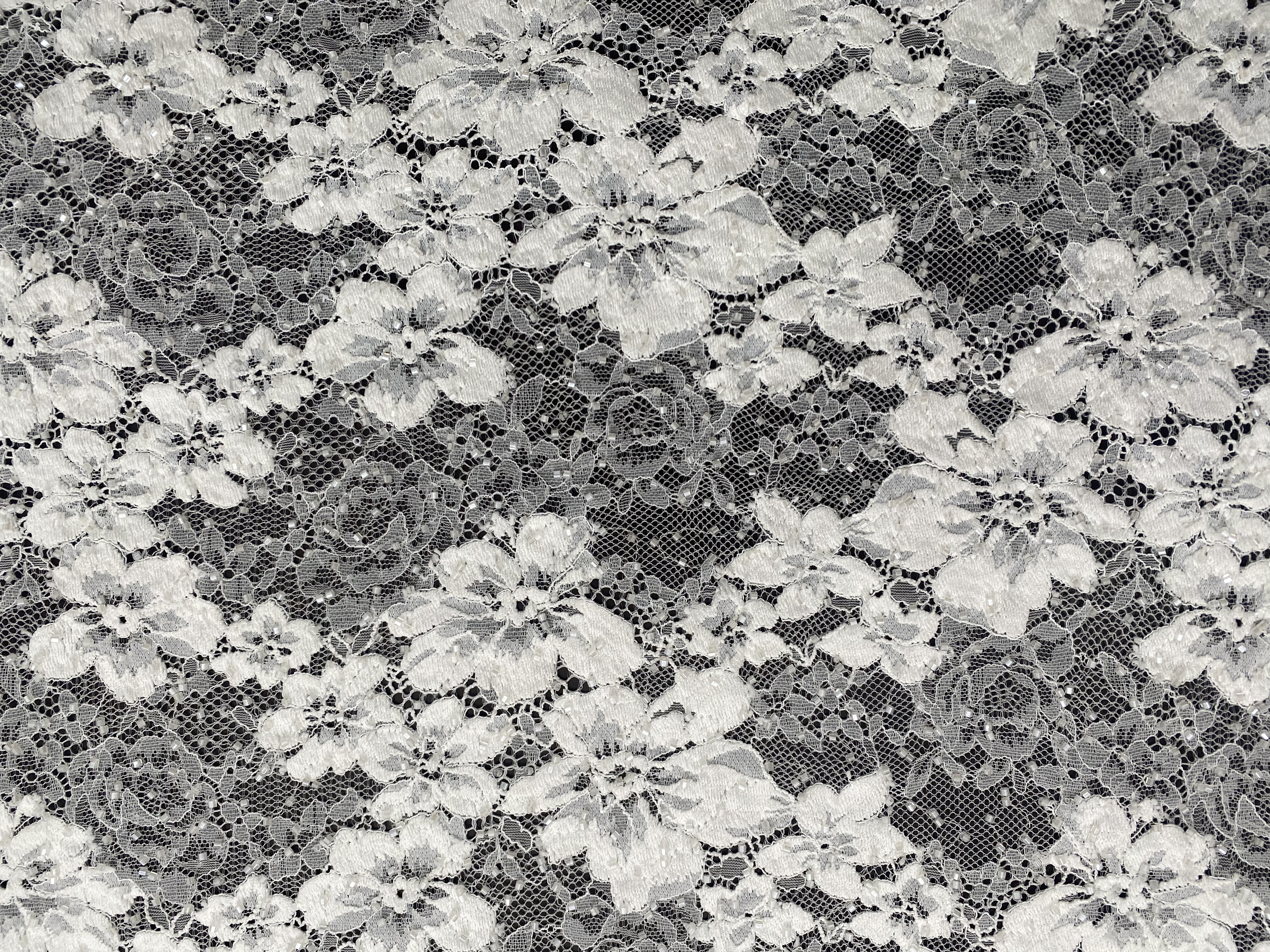 Beaded Flower Lace Fabric in Ivory, Embroidery Floral Tulle Fabric, Mesh Tulle Fabric for Wedding Dress, Bridal Lace Fabric, Sold By the Yard