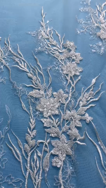 Gorgeous Ivory Tulle Fabric! Adorned with Exquisite Embroidery & Shiny Sequins, Perfect for Wedding Dresses/Evening Wear. Premium Quality, Shop Now!