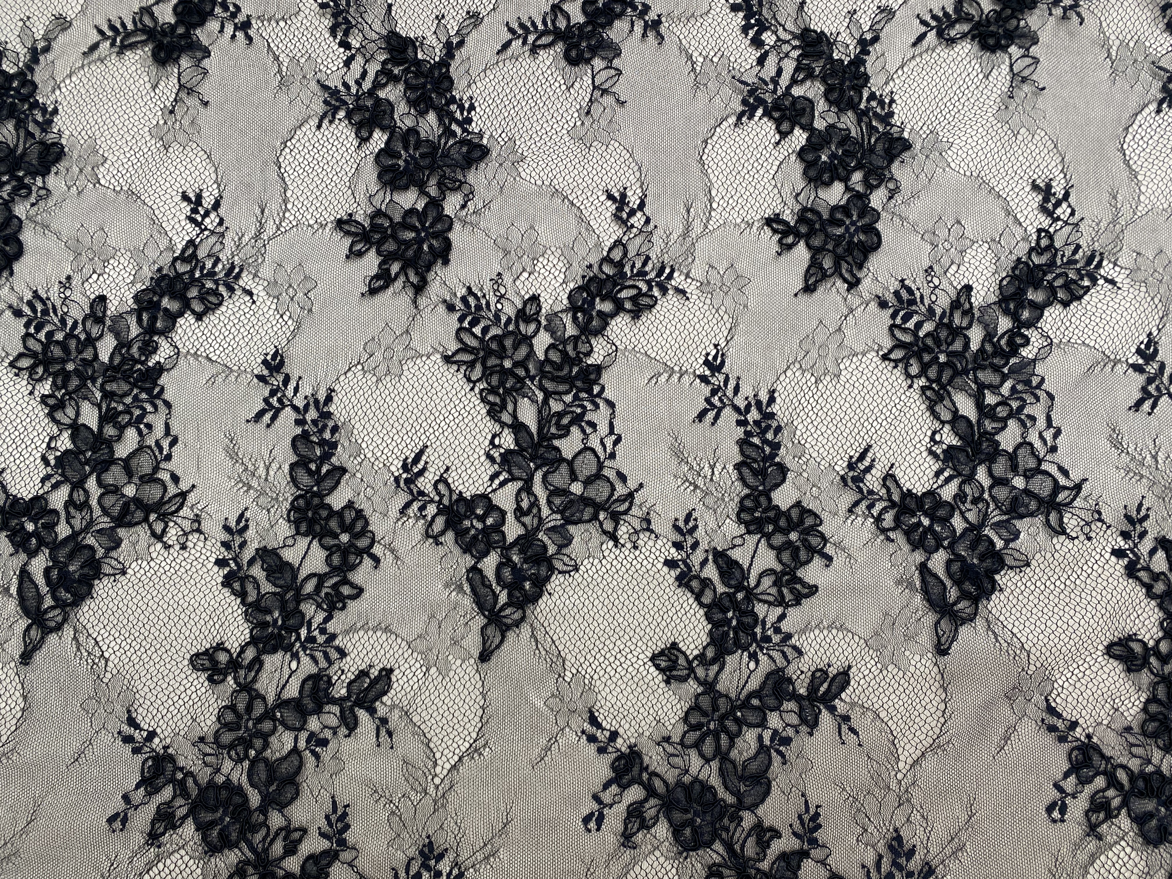 Black Chantilly lace fabric with cord, French bridal wedding lace, eyelash veil lace, scalloped floral lace, sold by 3 maters