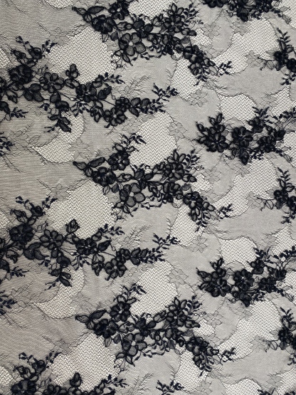 Black Chantilly lace fabric with cord, French bridal wedding lace, eyelash veil lace, scalloped floral lace, sold by 3 maters