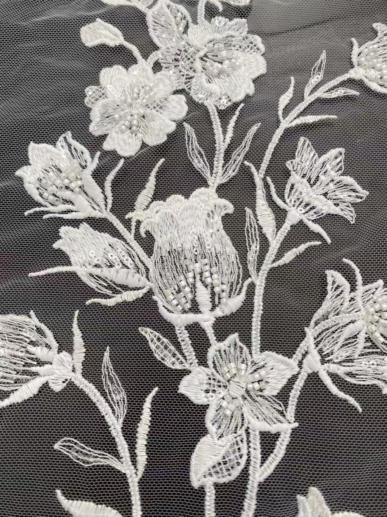 Ivory Floral Embroidery Lace Fabric with Beaded by yard, Bridal Dress tulle Lace for DIY sewing, Designer Dressmaking Supplies