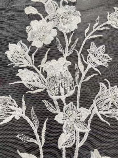 Ivory Floral Embroidery Lace Fabric with Beaded by yard, Bridal Dress tulle Lace for DIY sewing, Designer Dressmaking Supplies