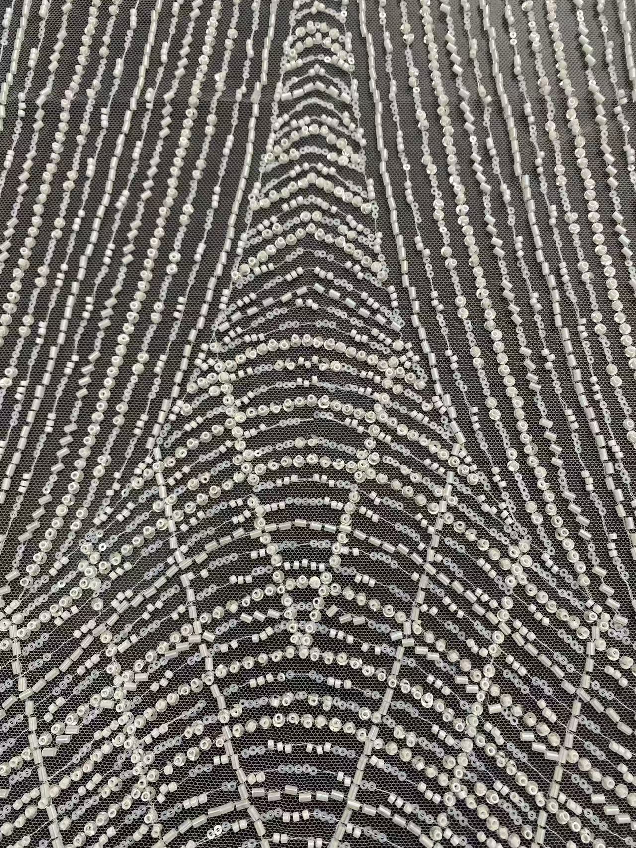 Heavy Beaded Lace Fabric with Lines, Stripe Embroidery Tulle Applique by the Yard, Sequin Lace for Bridal & Evening Wear,Wedding Dress