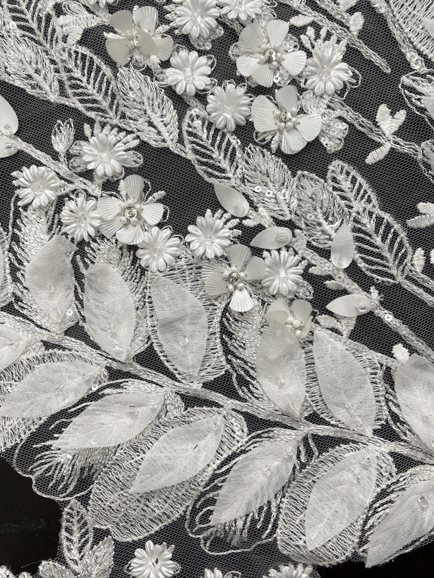 [Copy]Beaded Lace Trim with Sequins, White Sequined Petal 3D Lace Applique Pair with Handmade Beads for Costume, Bridal Gown, Prom Dress