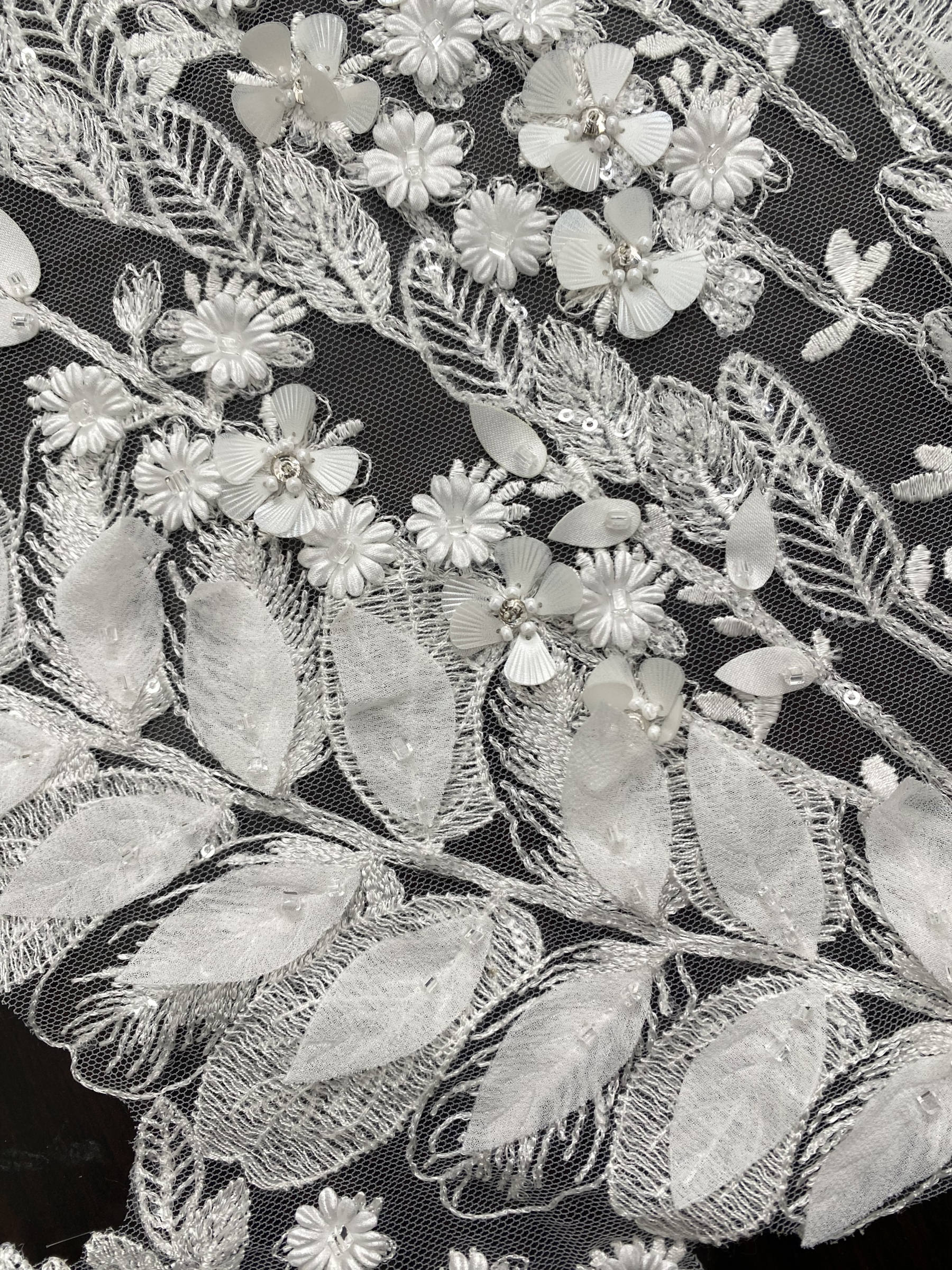 [Copy]Beaded Lace Trim with Sequins, White Sequined Petal 3D Lace Applique Pair with Handmade Beads for Costume, Bridal Gown, Prom Dress