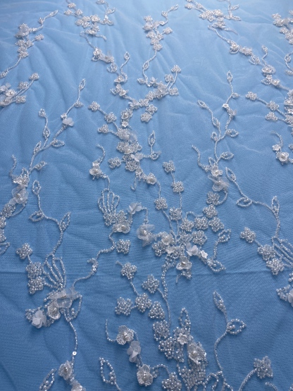 Exquisite Ivory Fabric! Embellished with Pearls, Sparkling Sequins & Delicate Embroidery. Ideal for Wedding Dresses/Chic Evening Wear—Premium Craftsmanship, Shop Now!
