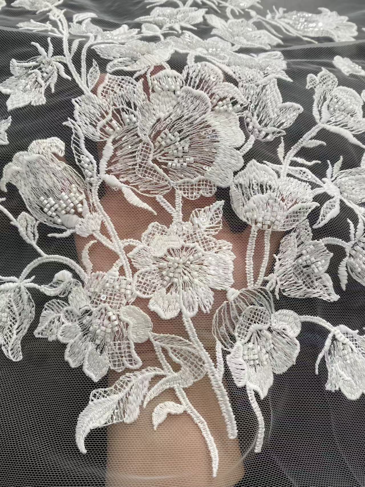 Ivory Floral Embroidery Lace Fabric with Beaded by yard, Bridal Dress tulle Lace for DIY sewing, Designer Dressmaking Supplies