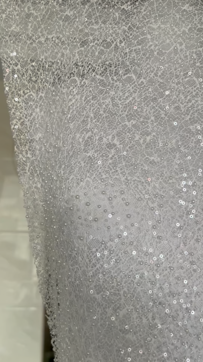 Exquisite Beaded Lace Fabric Embroidery Fabric With Sparkling Sequins and Pearls for Wedding Gown Bridal Dress