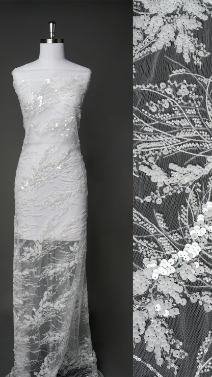 2024 Off White Botanical Flower Painting Embroidery Sparkling Clear Sequins Wedding Lace Fabric Tulle Mesh 130cm width