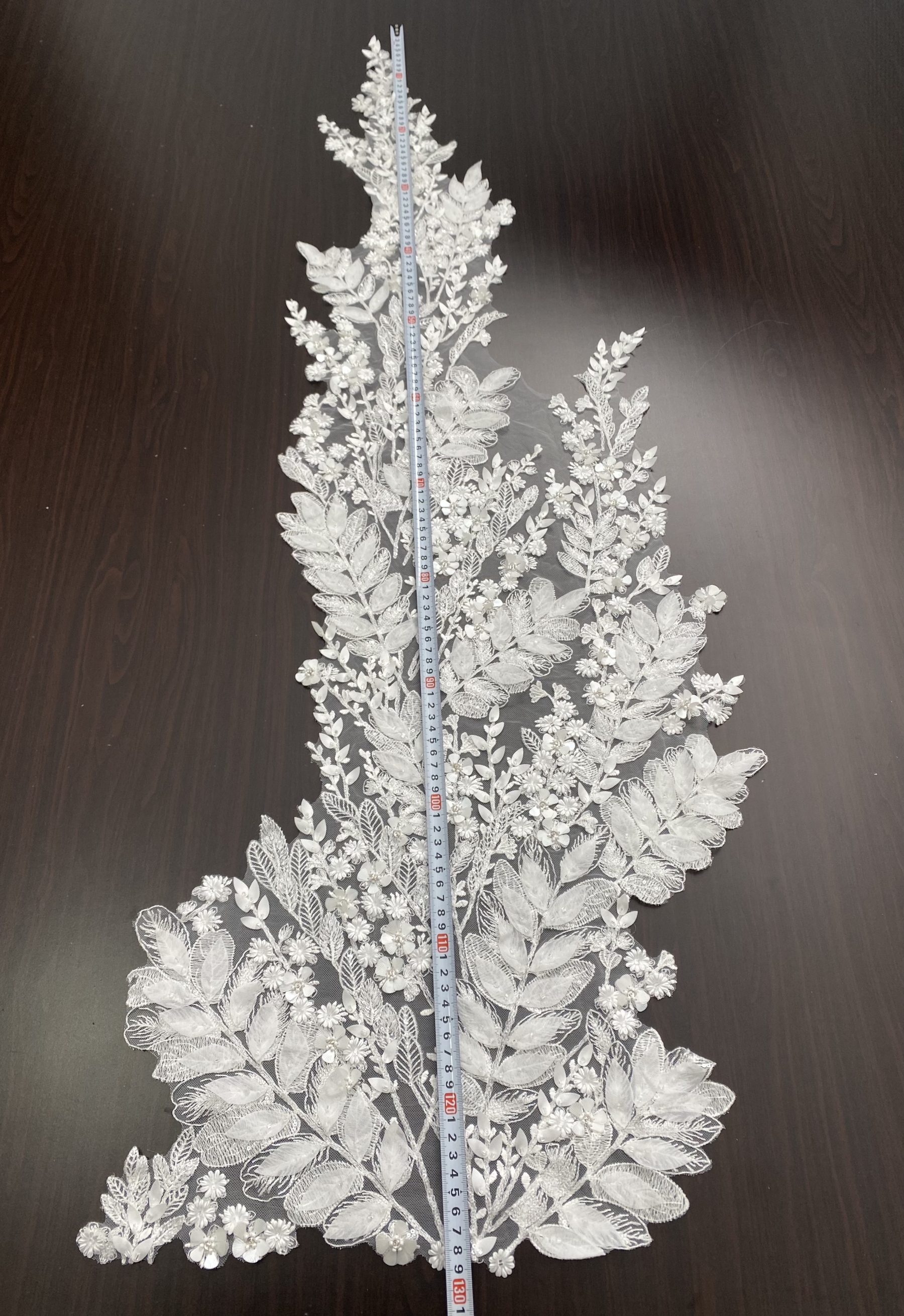 [Copy]Beaded Lace Trim with Sequins, White Sequined Petal 3D Lace Applique Pair with Handmade Beads for Costume, Bridal Gown, Prom Dress