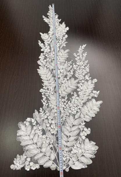 [Copy]Beaded Lace Trim with Sequins, White Sequined Petal 3D Lace Applique Pair with Handmade Beads for Costume, Bridal Gown, Prom Dress