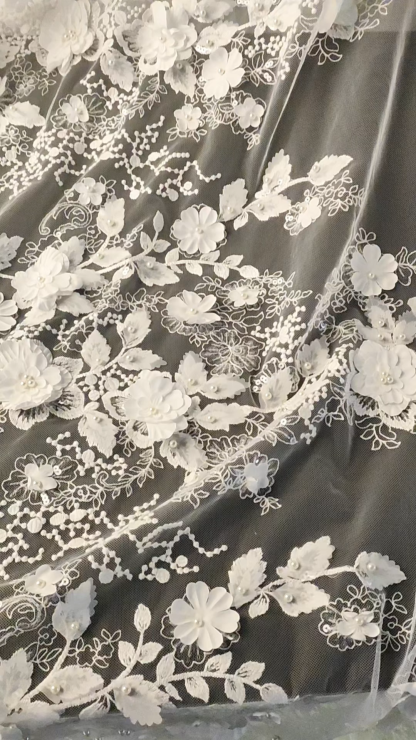 Luxury Embroidery 3D Flower Tulle Fabric Dazzling 3D Flower Petal Fabric Inlaid Crystal Pearls Sparkling Sequins Wedding Dresses