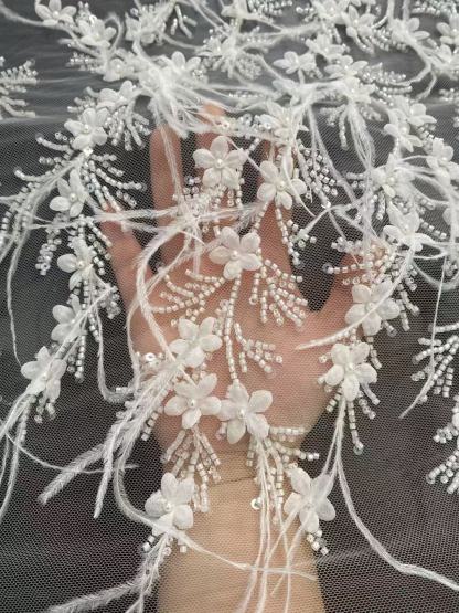 Luxcury Handmade Feather wedding lace fabric, 3D Flower Embroidery Lace with Beaded for DIY Wedding Bridal Full Dncing Dress Costumes