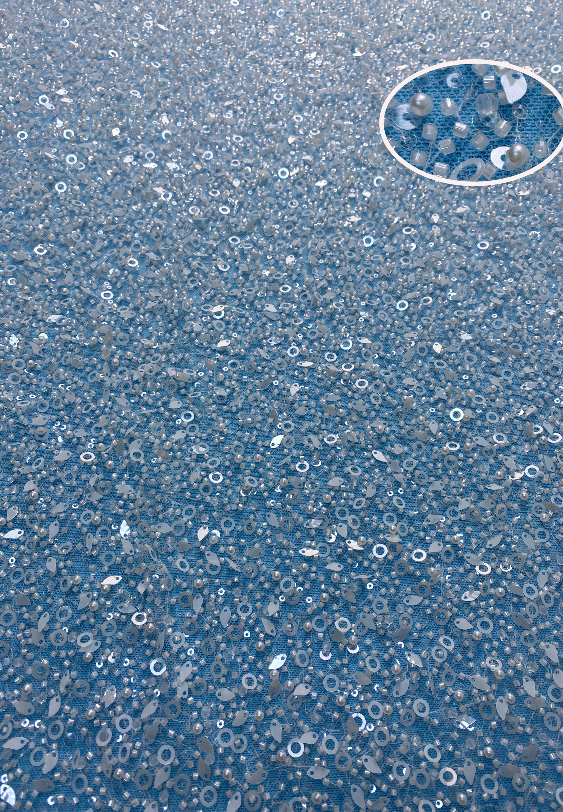 Exquisite Ivory Fabric! Embellished with Sparkling Sequins, Pearls & Beads. Ideal for Wedding Dresses/Chic Evening Wear—Premium Craftsmanship, Shop This Stunning Material Now!