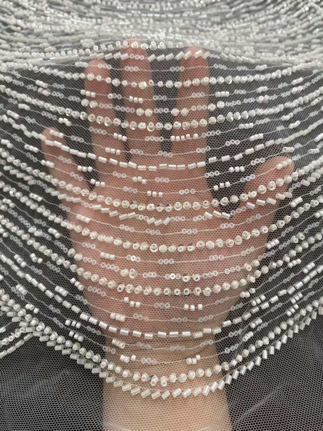 Heavy Beaded Lace Fabric with Lines, Stripe Embroidery Tulle Applique by the Yard, Sequin Lace for Bridal & Evening Wear,Wedding Dress