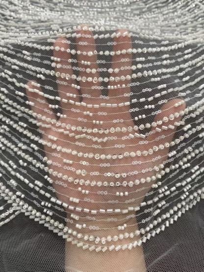 Heavy Beaded Lace Fabric with Lines, Stripe Embroidery Tulle Applique by the Yard, Sequin Lace for Bridal & Evening Wear,Wedding Dress