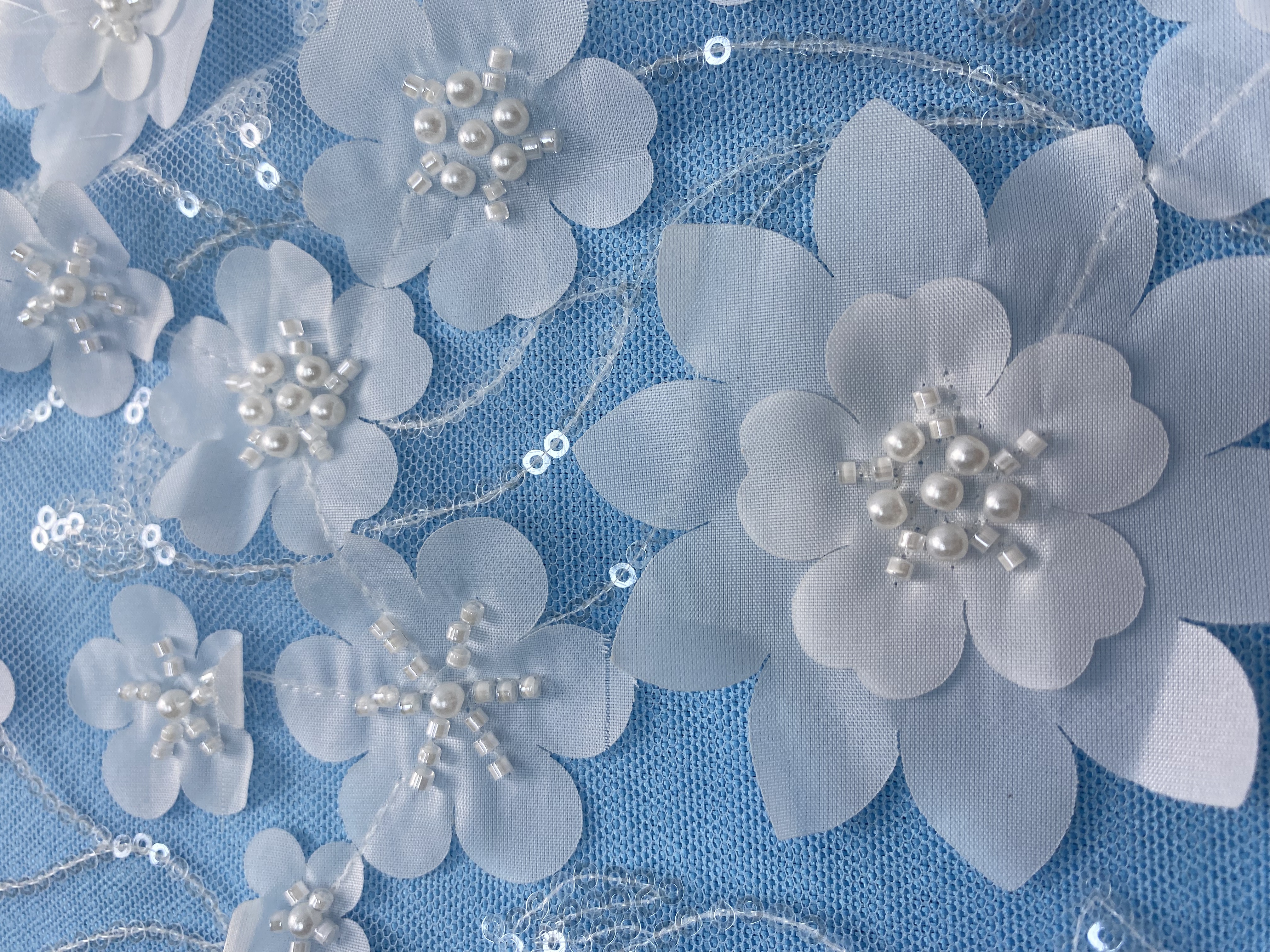 Ivory Fabric with Exquisite Flower Embroidery! Adorned by Pearls & Sparkling Sequins. Ideal for Wedding Dresses/Evening Wear—High-Quality Craft, Shop Now!