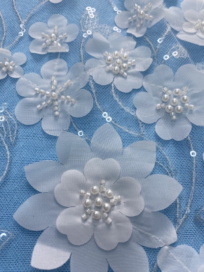 Ivory Fabric with Exquisite Flower Embroidery! Adorned by Pearls & Sparkling Sequins. Ideal for Wedding Dresses/Evening Wear—High-Quality Craft, Shop Now!