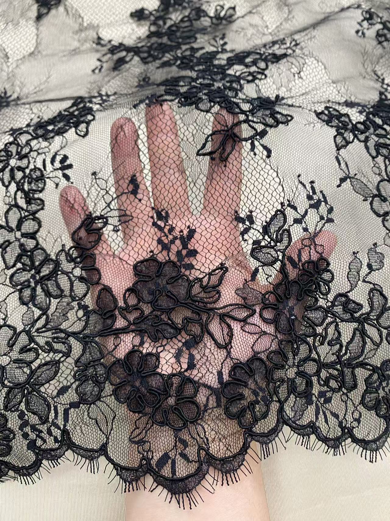 Black Chantilly lace fabric with cord, French bridal wedding lace, eyelash veil lace, scalloped floral lace, sold by 3 maters