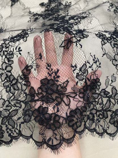Black Chantilly lace fabric with cord, French bridal wedding lace, eyelash veil lace, scalloped floral lace, sold by 3 maters