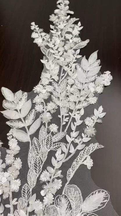 [Copy]Beaded Lace Trim with Sequins, White Sequined Petal 3D Lace Applique Pair with Handmade Beads for Costume, Bridal Gown, Prom Dress