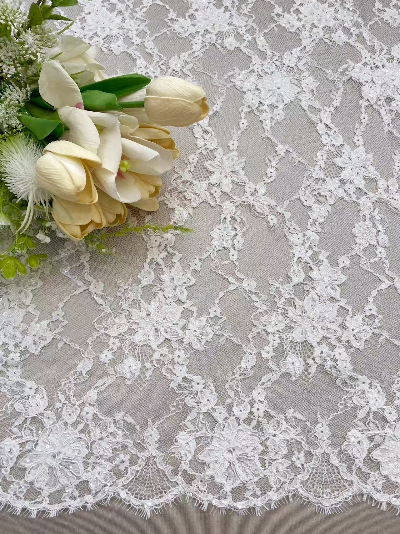 Ivory Corded Chantilly Flower Lace Fabric, French Eyelash Lace with Sequin for Wedding Dress, Bridal Gown, Sold as 3-meter piece