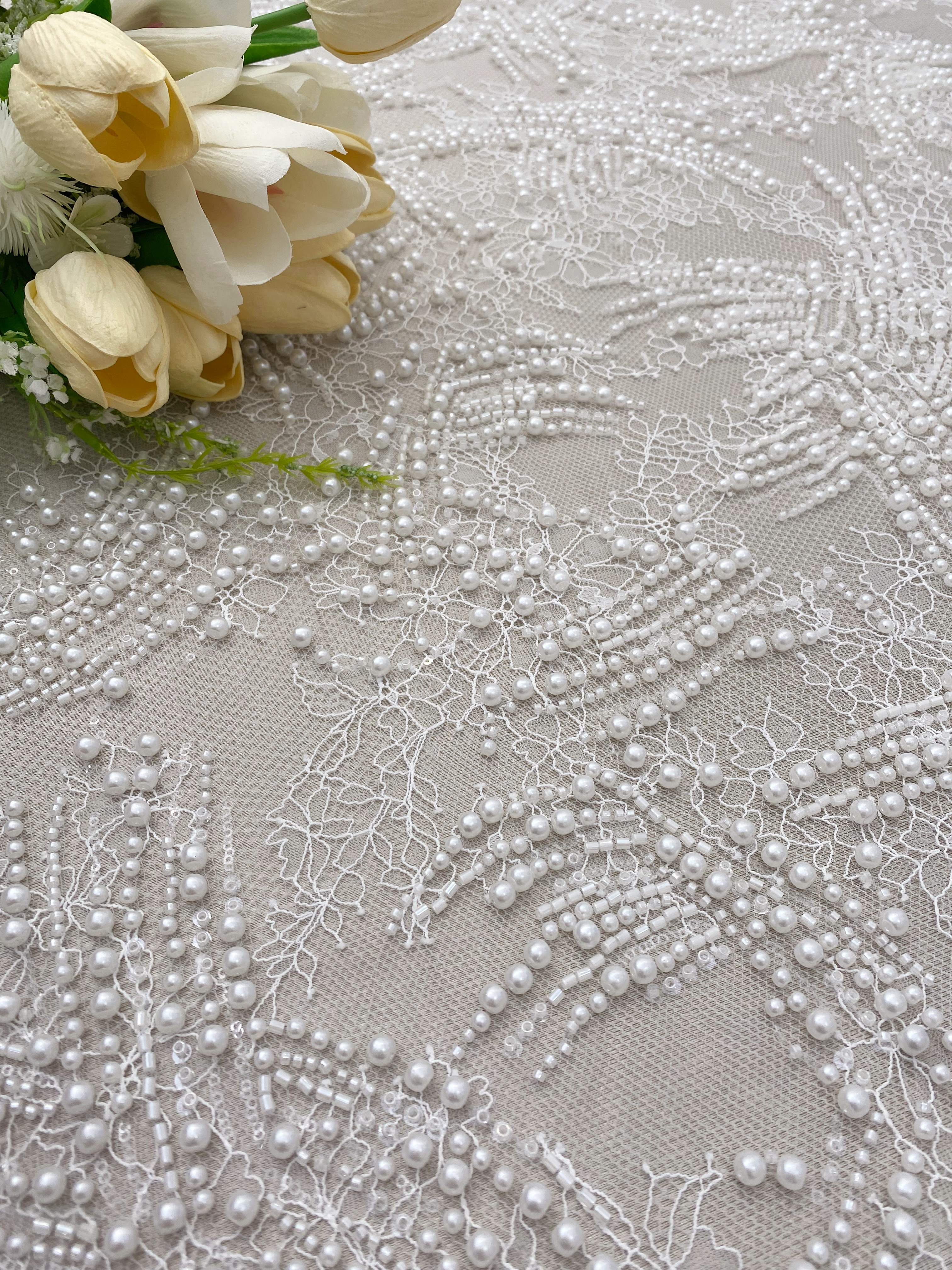 Heavy Beads Pearls Embroidery Lace Fabric by the Yard, Ivory Tulle with Pearls for Wedding Sewing for Wedding Dress Bridal Gown