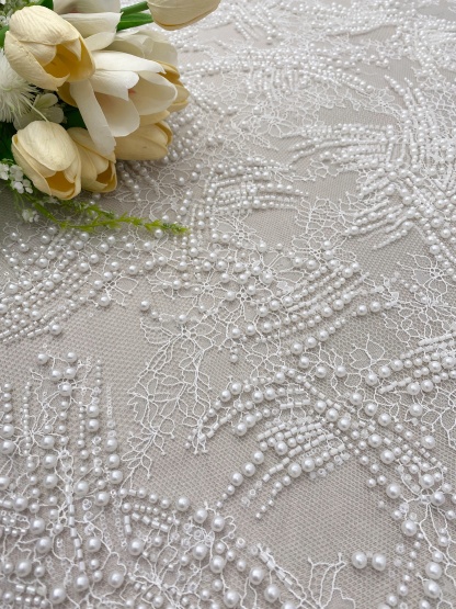Heavy Beads Pearls Embroidery Lace Fabric by the Yard, Ivory Tulle with Pearls for Wedding Sewing for Wedding Dress Bridal Gown