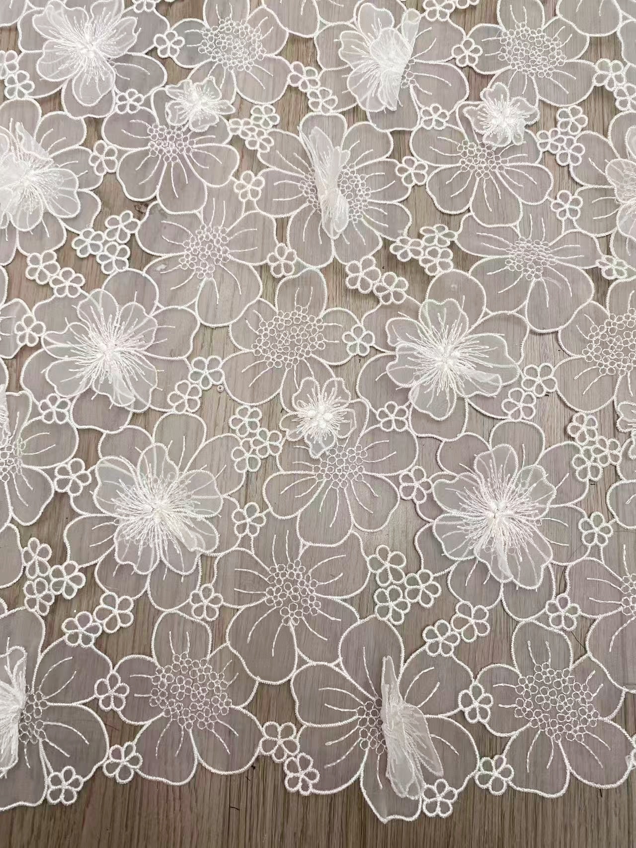Off White Guipure Lace Fabric 3D Flower Embroidery Organza Trimmings Materials DIY Costume Bridal Wedding Evening Dress Craft