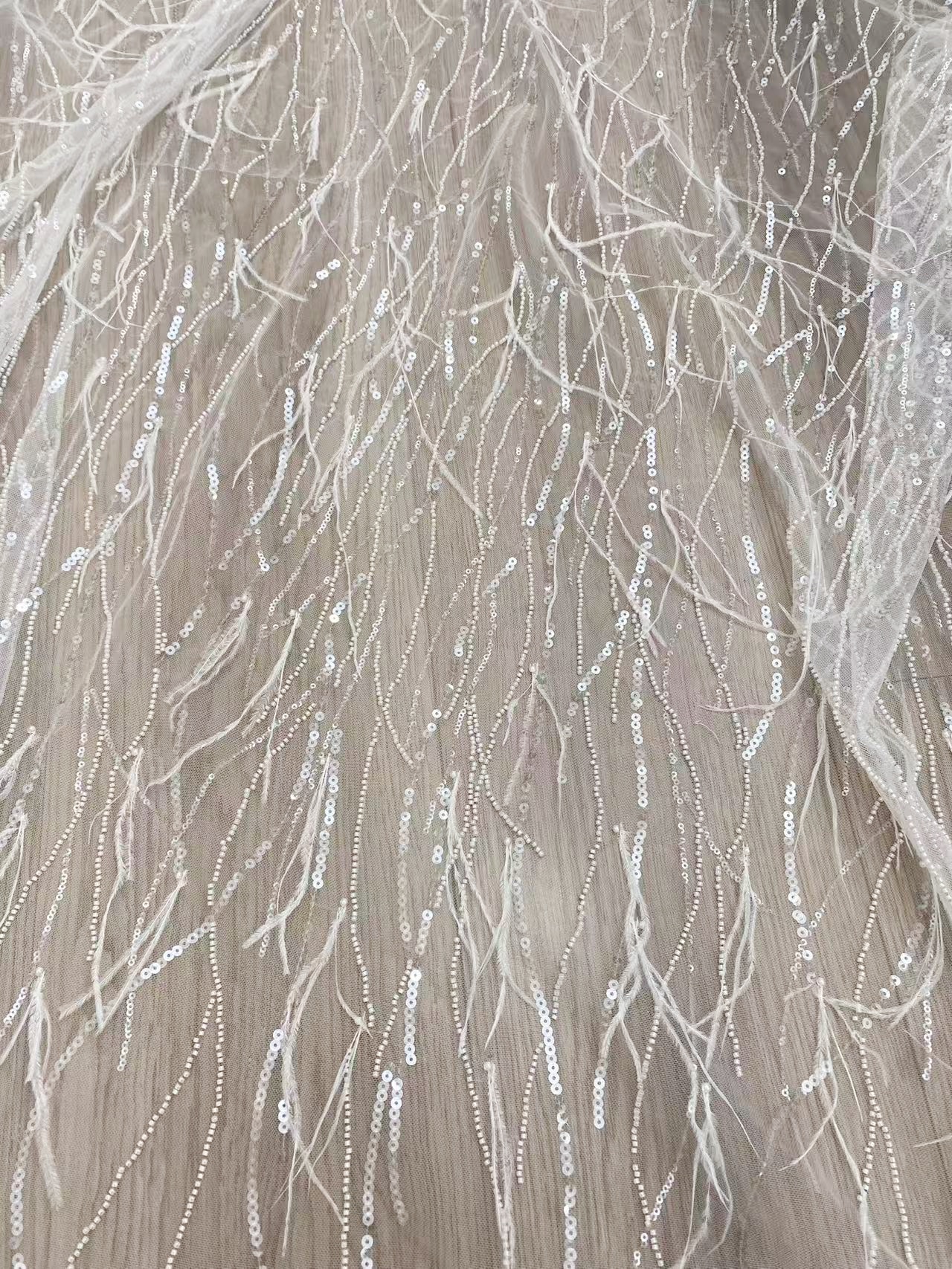 White Sequined tulle lace fabric with Ostrich Feather, 3D Beaded Feathers Embroider Lace DIY Wedding Bridal Full Dncing Dress Costumes