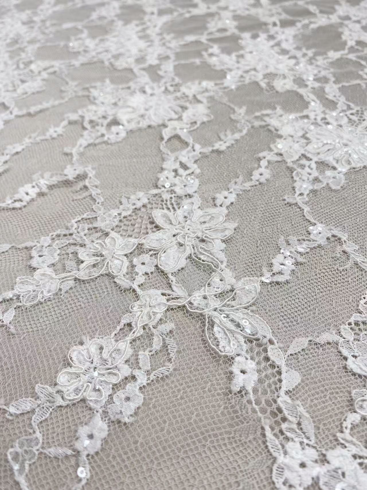 Ivory Corded Chantilly Flower Lace Fabric, French Eyelash Lace with Sequin for Wedding Dress, Bridal Gown, Sold as 3-meter piece