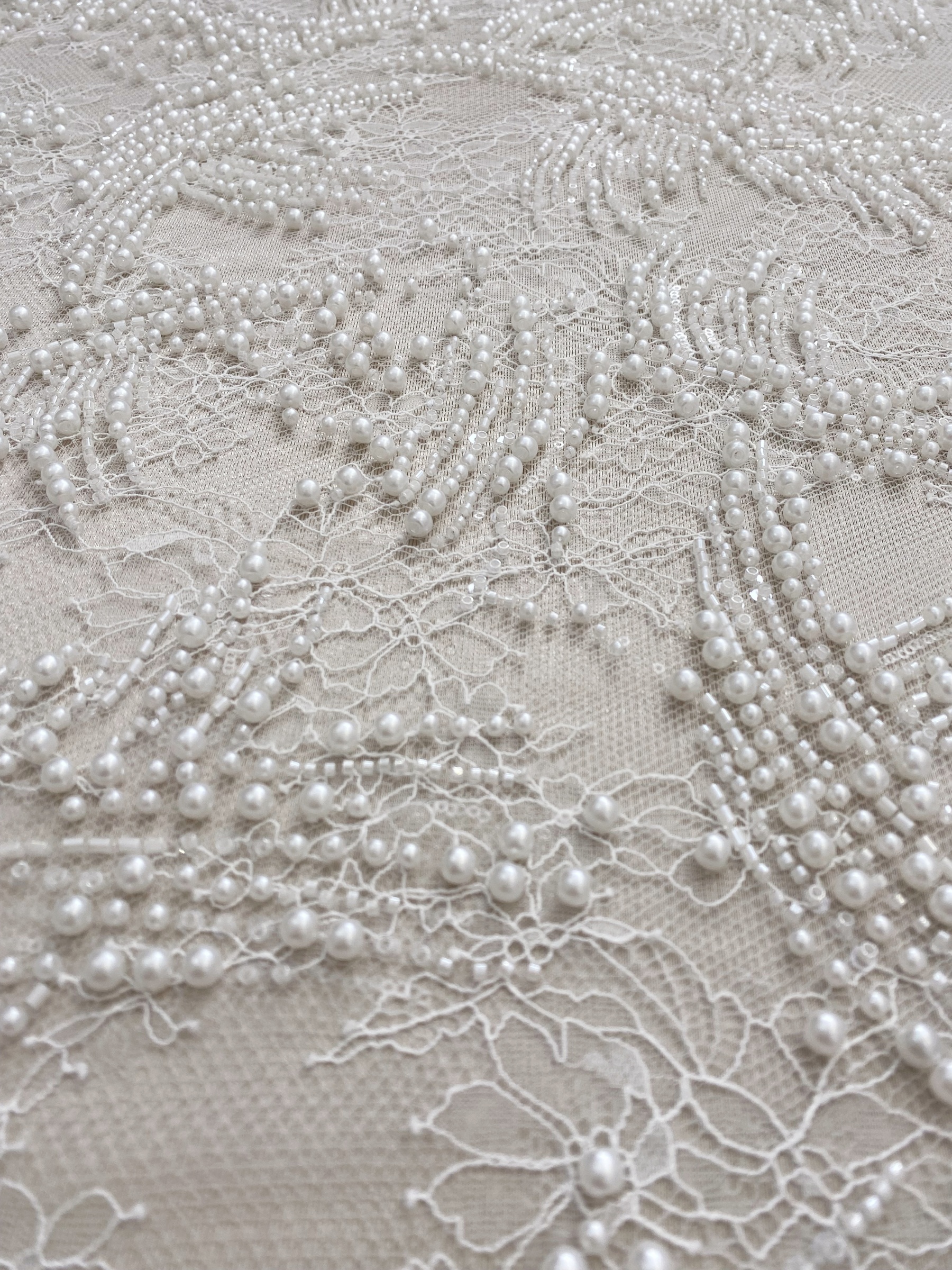 Heavy Beads Pearls Embroidery Lace Fabric by the Yard, Ivory Tulle with Pearls for Wedding Sewing for Wedding Dress Bridal Gown