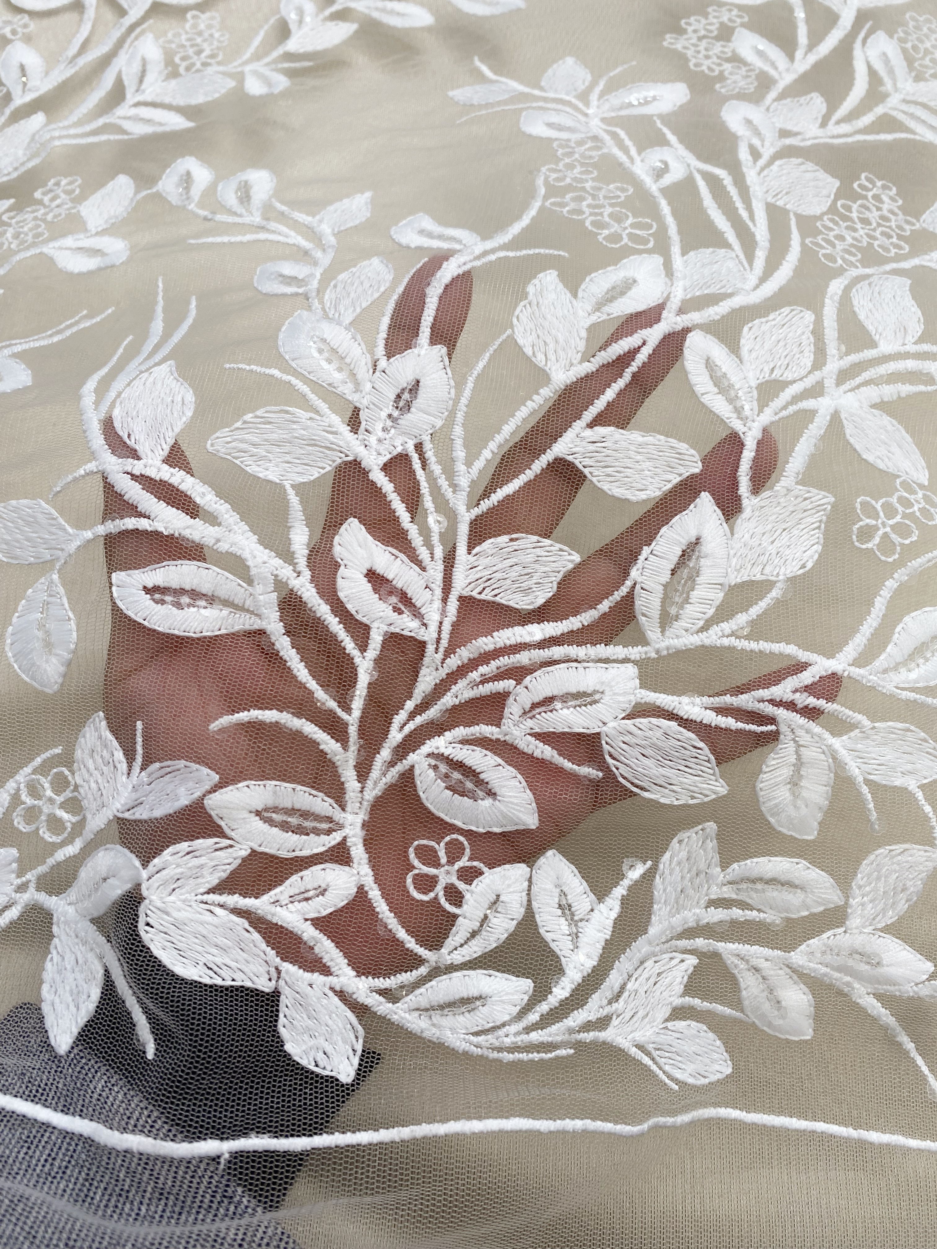 High Quality Wedding Dress Lace in White, Lace Fabric with Leaf Design, Embroidery Leaf Bridal Lace fabric, Soft Tulle Lace Fabric